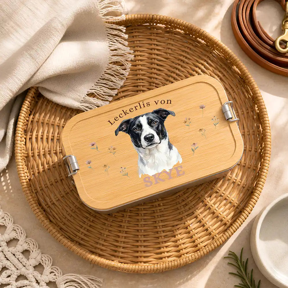 Personalisierte Leckerlidose Hund Lieblings-Snacks Wildblumen – Hauptbild Edelstahl-Bambus 3 mit Dackel Variante 5