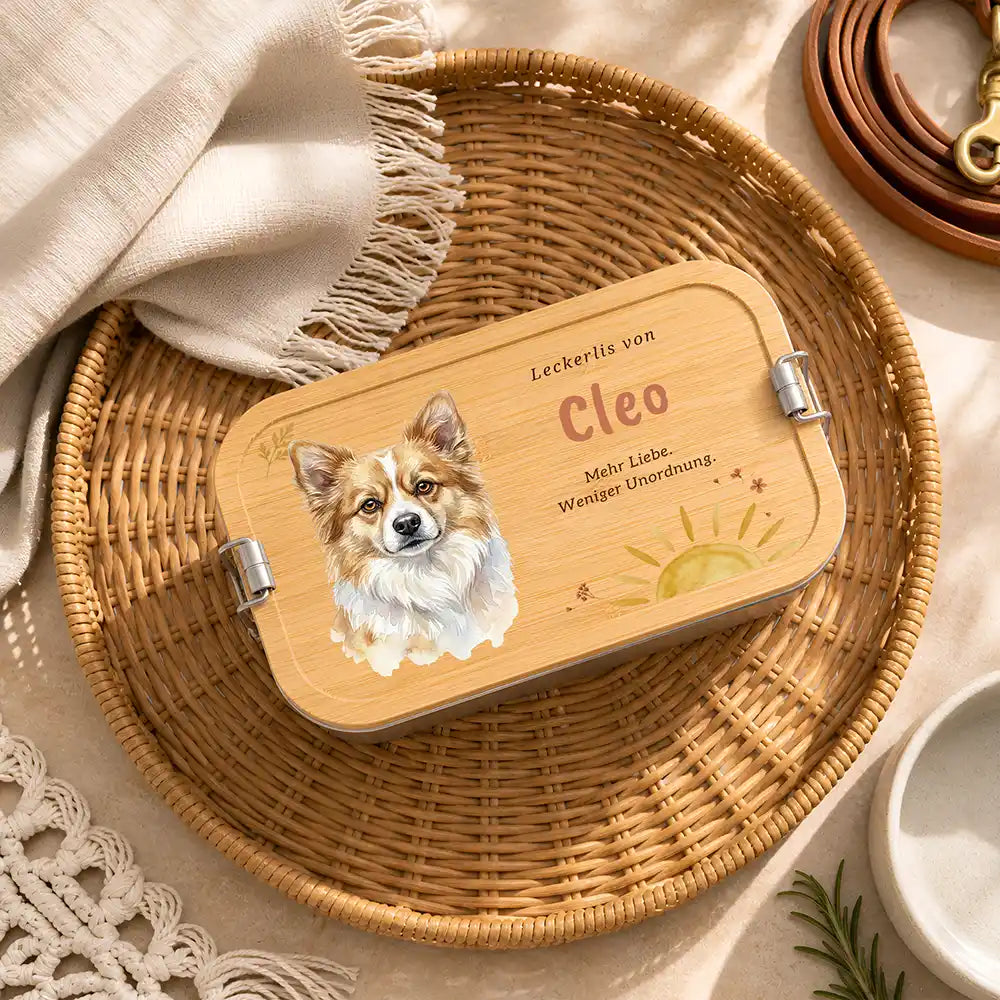Personalisierte Leckerlidose Hund Sonne mit Streublumen – Hauptbild Edelstahl-Bambus 3 mit French Bulldog (fawn) Variante 5