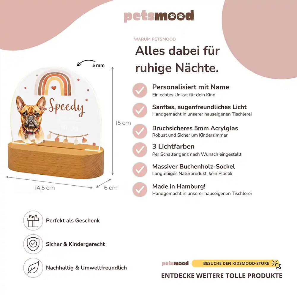 Personalisiertes Nachtlicht Haustier Andenken Boho-Regenbogen Erdtöne – Maße & Specs