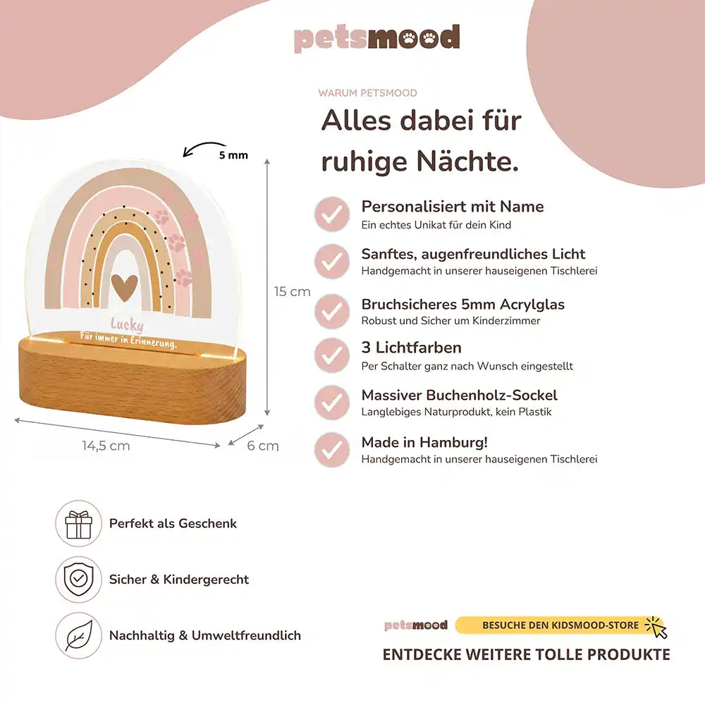 Personalisiertes Nachtlicht Haustier Andenken Boho-Regenbogen Pastell mit Pfötchen – Maße & Specs