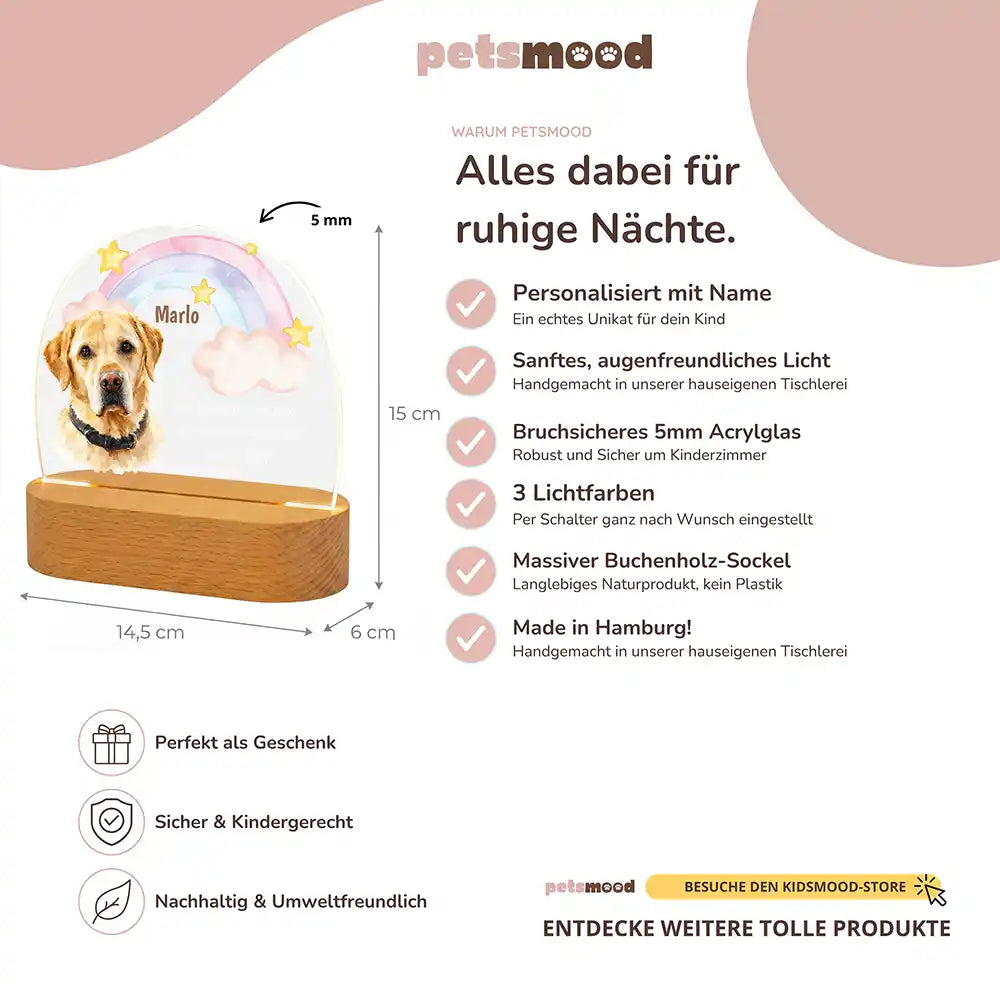 Personalisiertes Nachtlicht Haustier Andenken Pastell-Regenbogen mit Sternen – Maße & Specs