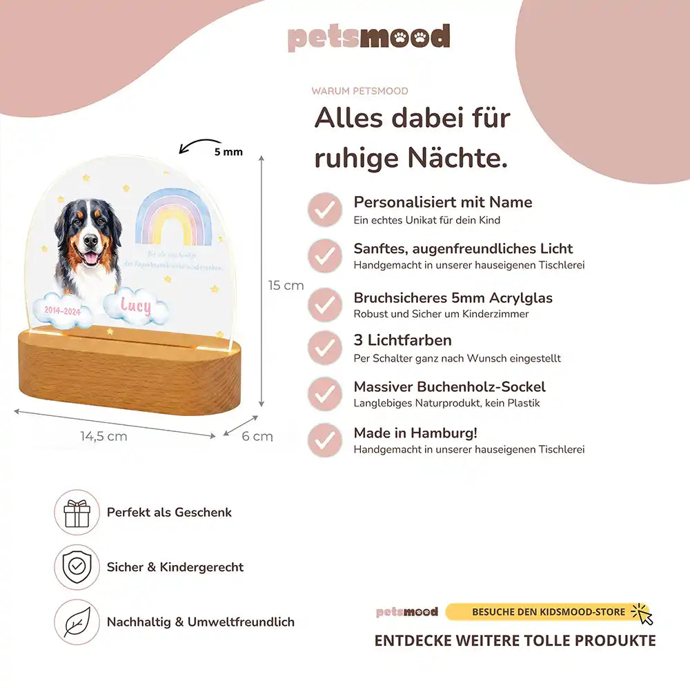 Personalisiertes Nachtlicht Haustier Andenken Pastell-Regenbogen mit Wolken-Namen – Maße & Specs