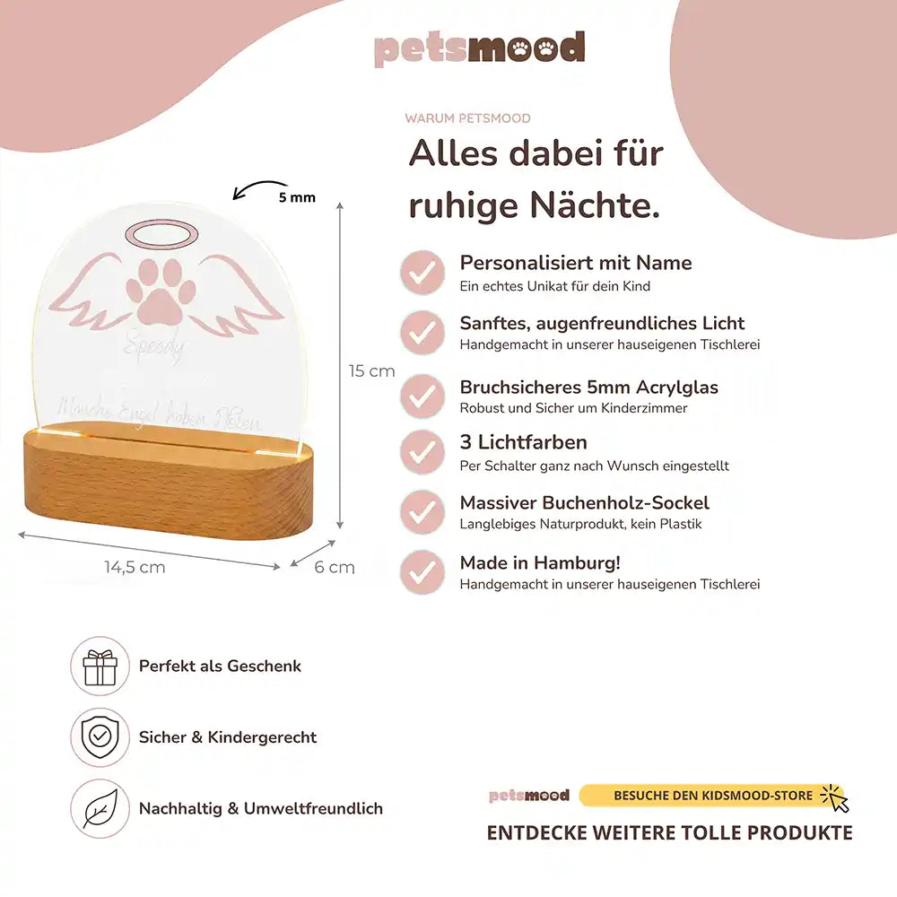 Personalisiertes Nachtlicht Haustier Andenken Engelsflügel & Pfötchen – Maße & Specs