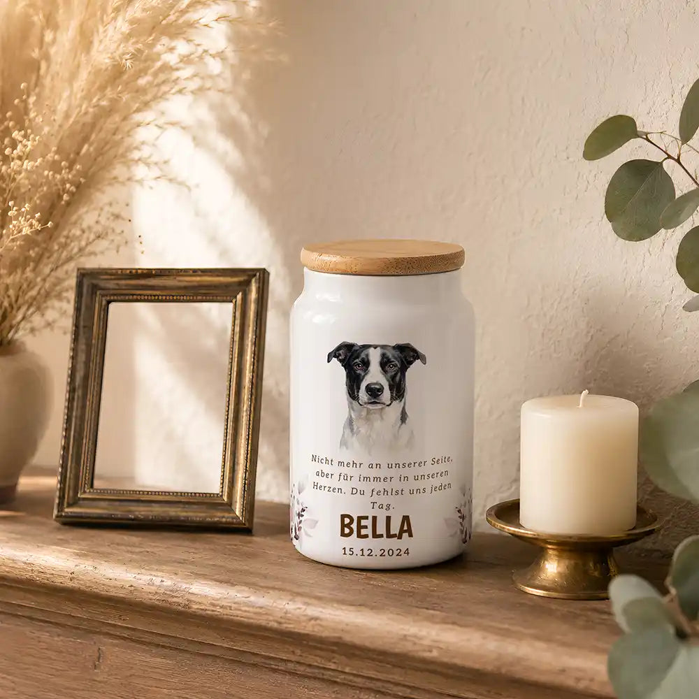 Personalisierte Hundeurne Foto & Wildblumen – in der Gedenkecke mit Bilderrahmen und Kerze