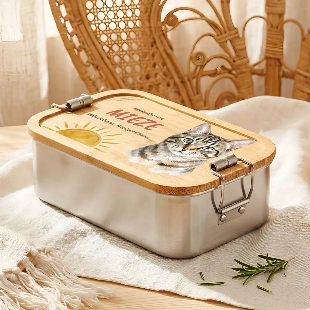 Personalisierte Leckerlidose Katze Schnurr-Snacks Sonnenaufgang – Detail Bügelverschluss