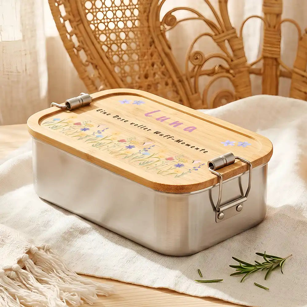 Personalisierte Leckerlidose Hund & Katze Boho-Trio universal – Detail Bügelverschluss