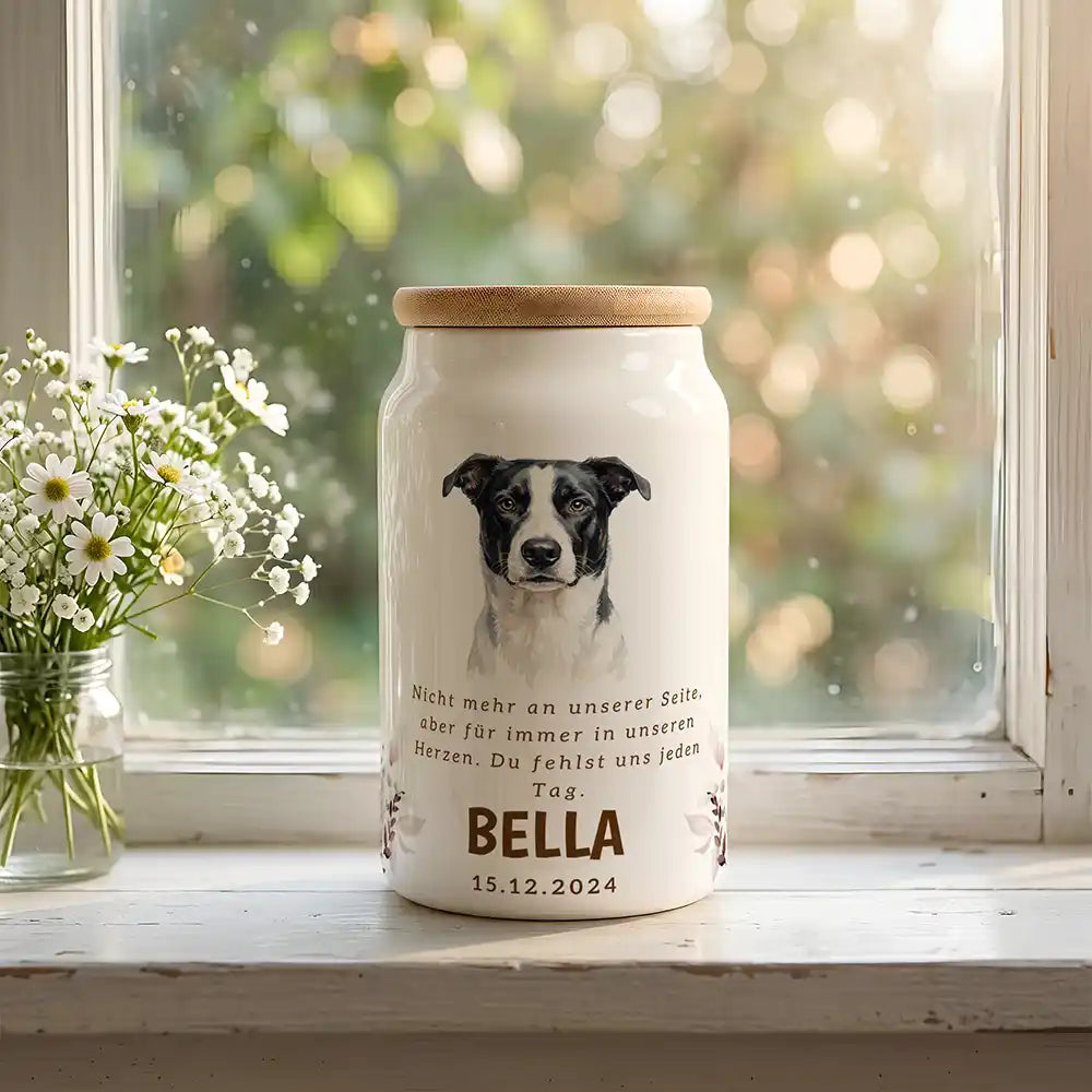 Personalisierte Hundeurne Foto & Wildblumen – auf der Fensterbank mit Margeriten und sanftem Licht
