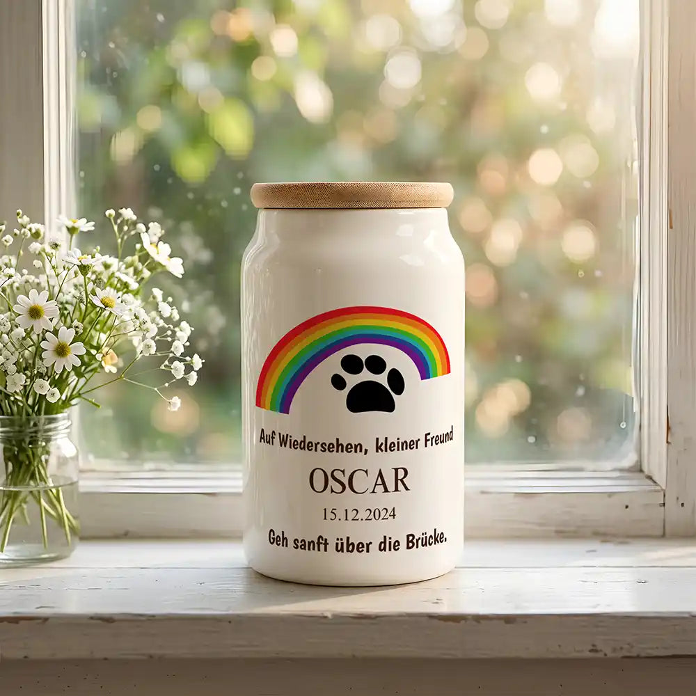 Personalisierte Tierurne Regenbogen Bunt – auf der Fensterbank mit Margeriten und sanftem Licht