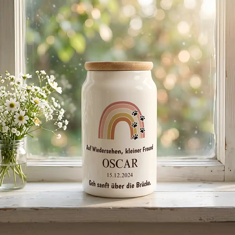 Personalisierte Tierurne Regenbogen Terracotta – auf der Fensterbank mit Margeriten und sanftem Licht