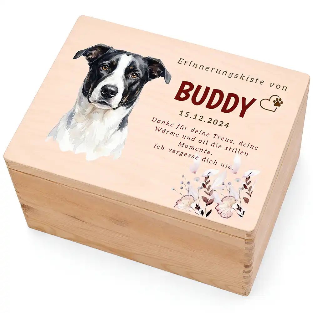 Tierurne Hund Holz – Aquarell-Porträt mit Blütenrahmen, Hauptbild Deckel