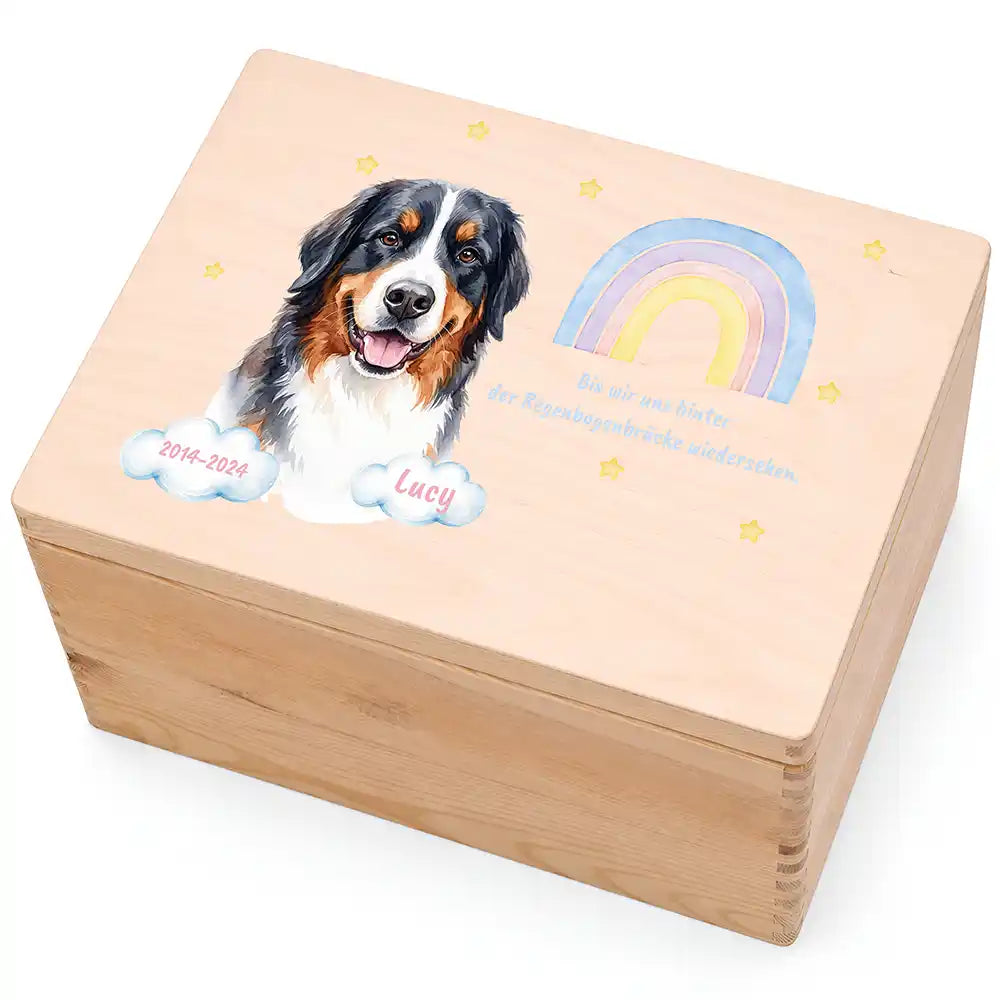 Tierurne Hund Holz – Aquarell-Porträt mit Regenbogenbrücke, Hauptbild Deckel