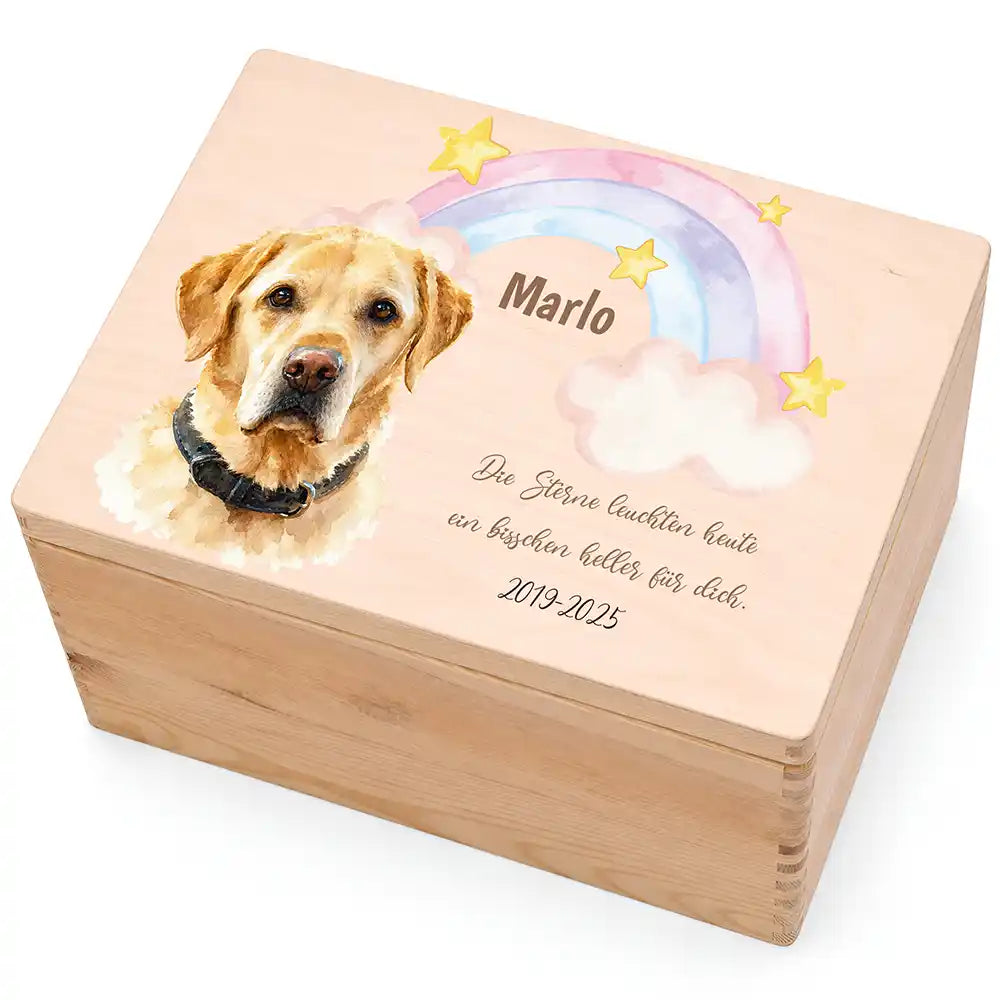 Tierurne Hund Holz – Aquarell-Porträt mit Sternenregenbogen, Hauptbild Deckel