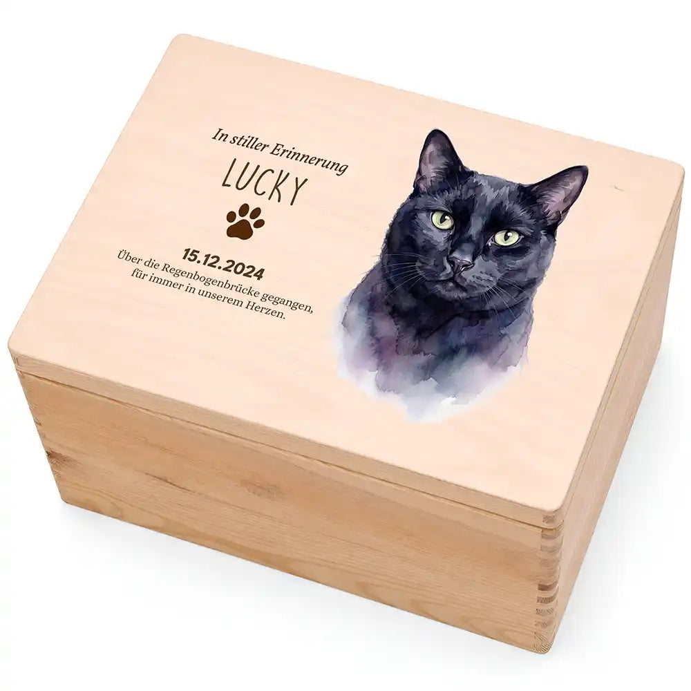 Tierurne Katze Holz – Aquarell-Porträt Katze mit Pfotenwidmung, Hauptbild Deckel