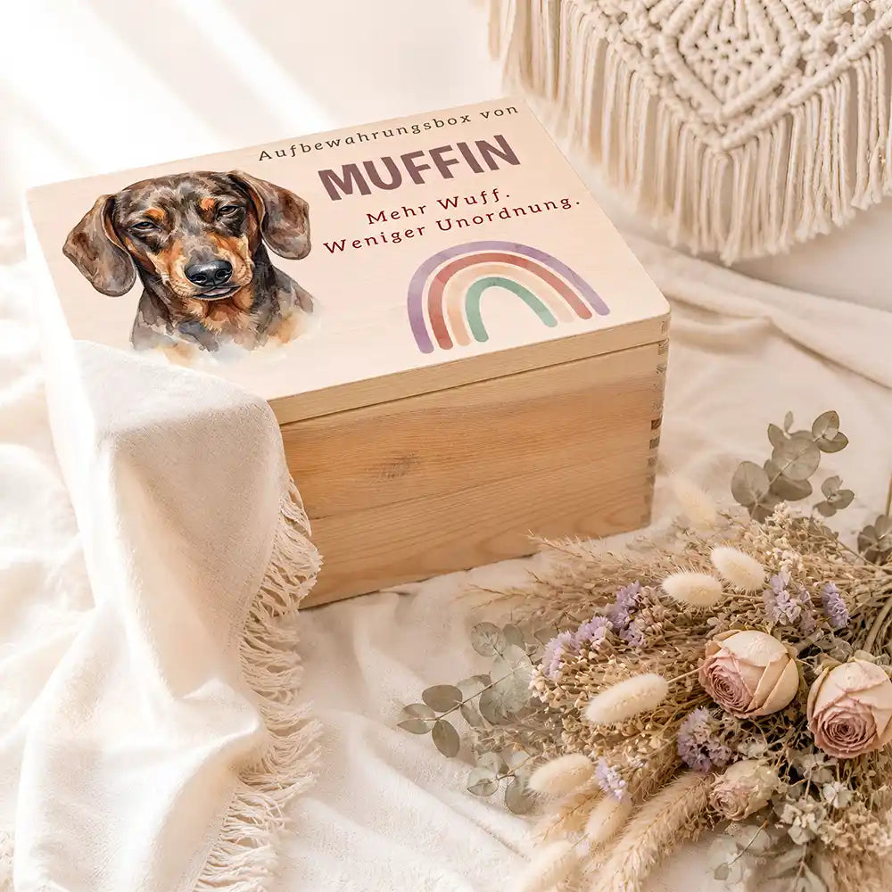 Personalisierte Aufbewahrungskiste Hund Regenbogen pastell – Ambiente Hundezubehör