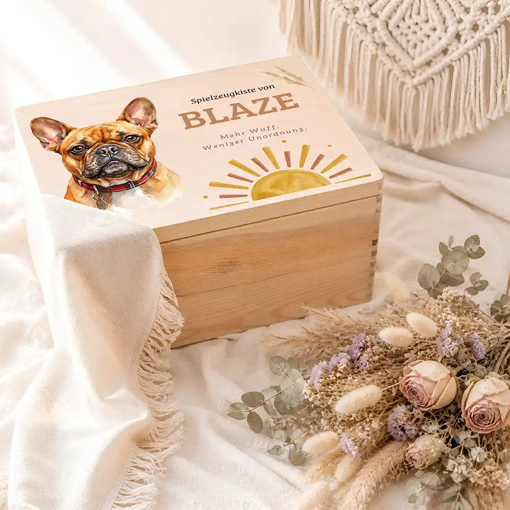 Personalisierte Spielzeugkiste Hund Sonnenaufgang Boho – Ambiente Hundezubehör
