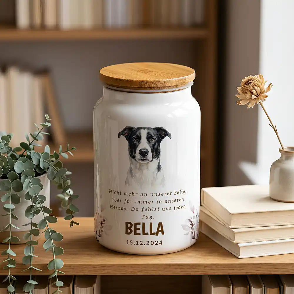 Personalisierte Hundeurne Foto & Wildblumen – im Bücherregal mit Eukalyptus