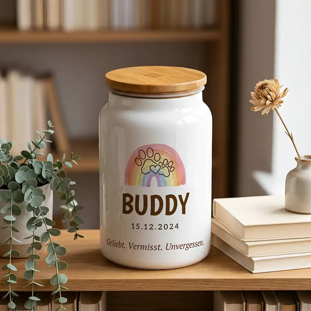 Personalisierte Tierurne Regenbogen-Pfote – im Bücherregal mit Eukalyptus