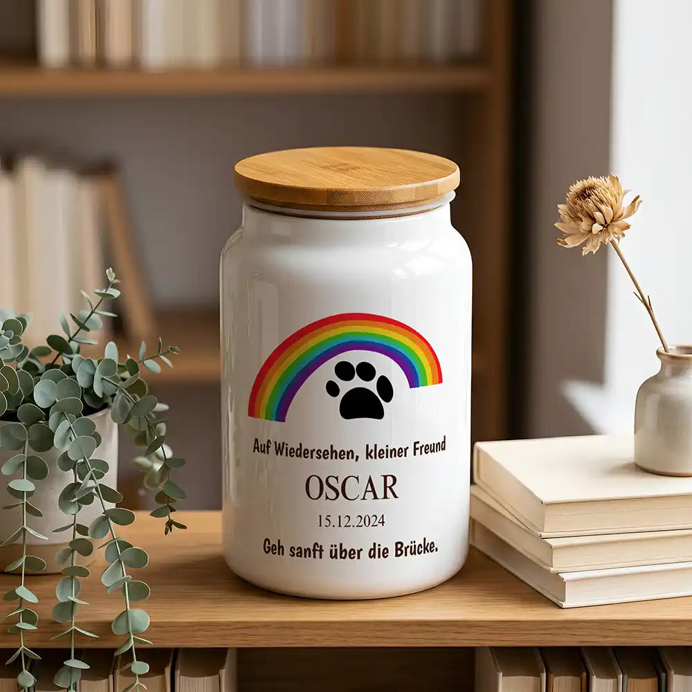 Personalisierte Tierurne Regenbogen Bunt – im Bücherregal mit Eukalyptus