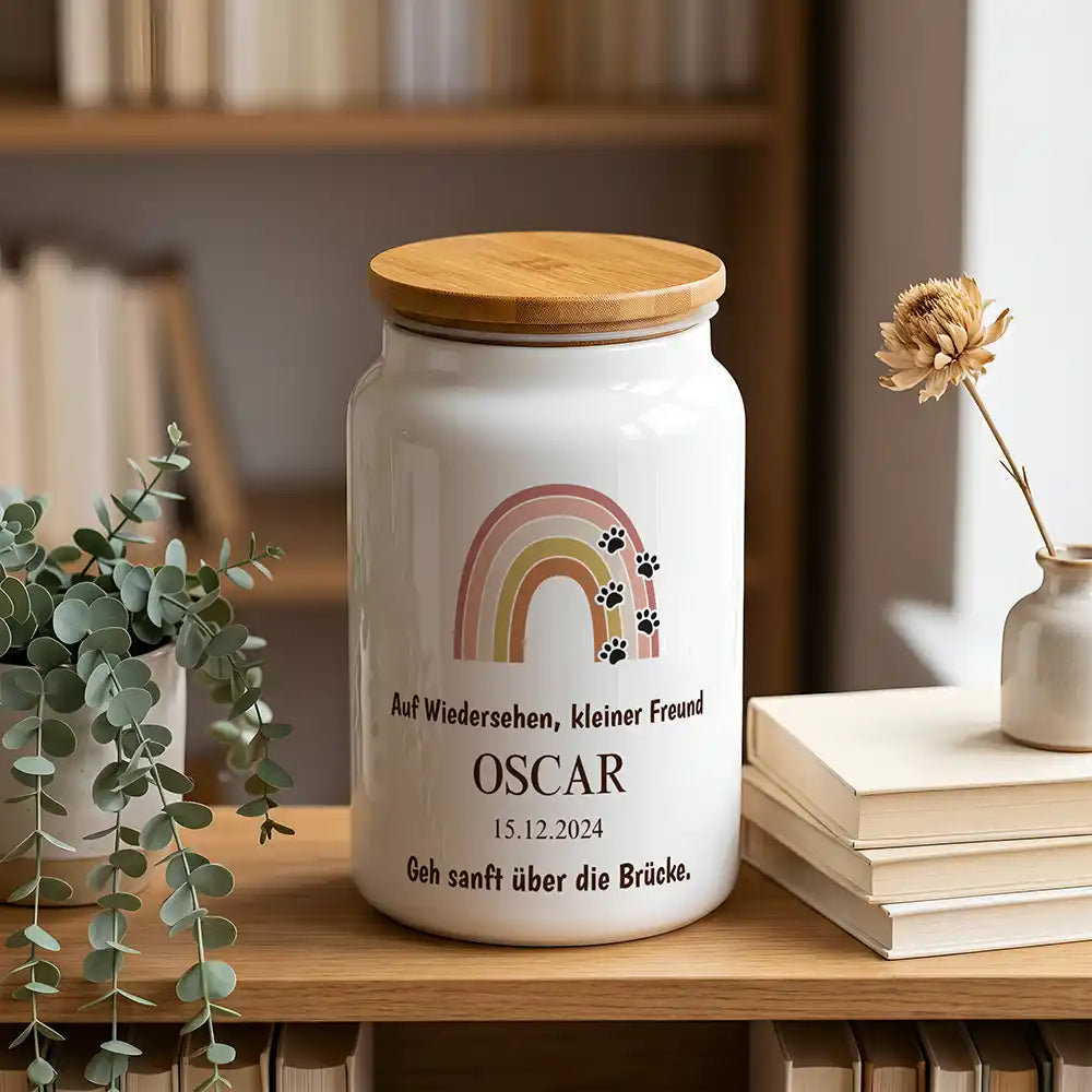 Personalisierte Tierurne Regenbogen Terracotta – im Bücherregal mit Eukalyptus