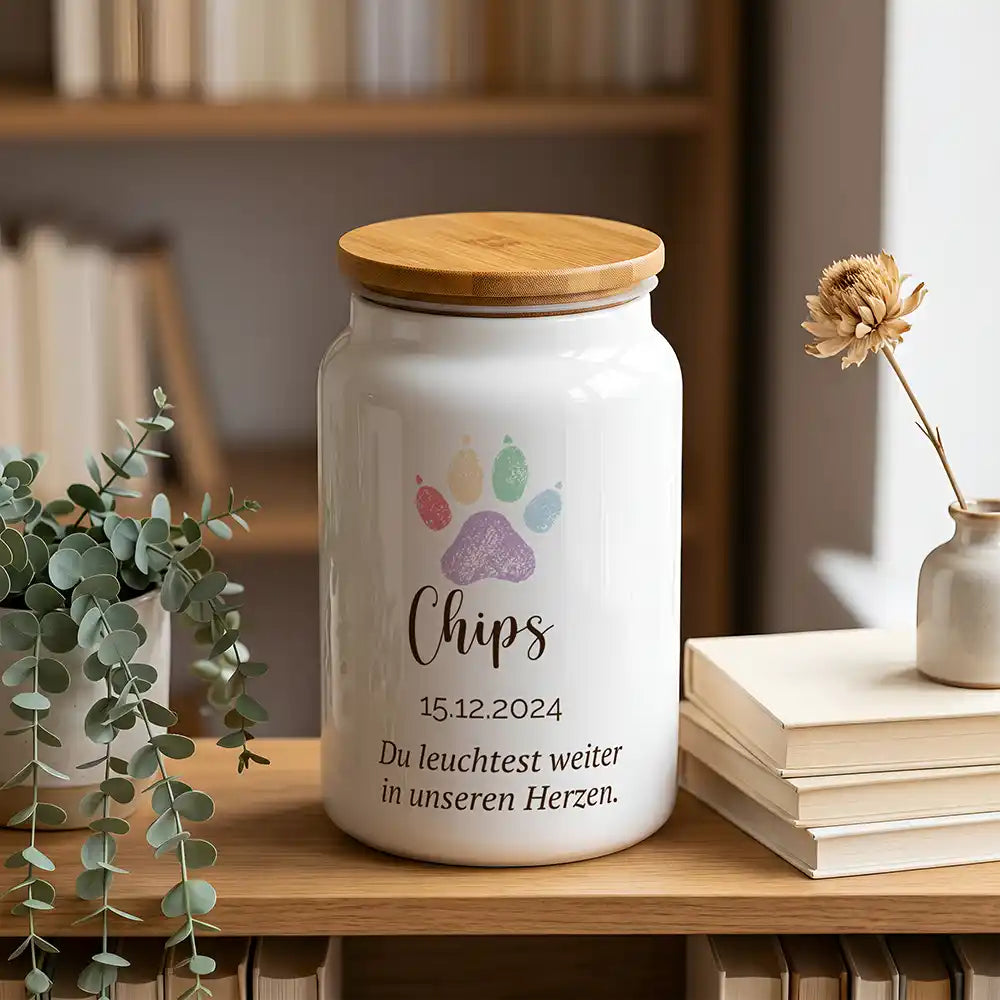 Personalisierte Tierurne Aquarell-Pfote – im Bücherregal mit Eukalyptus