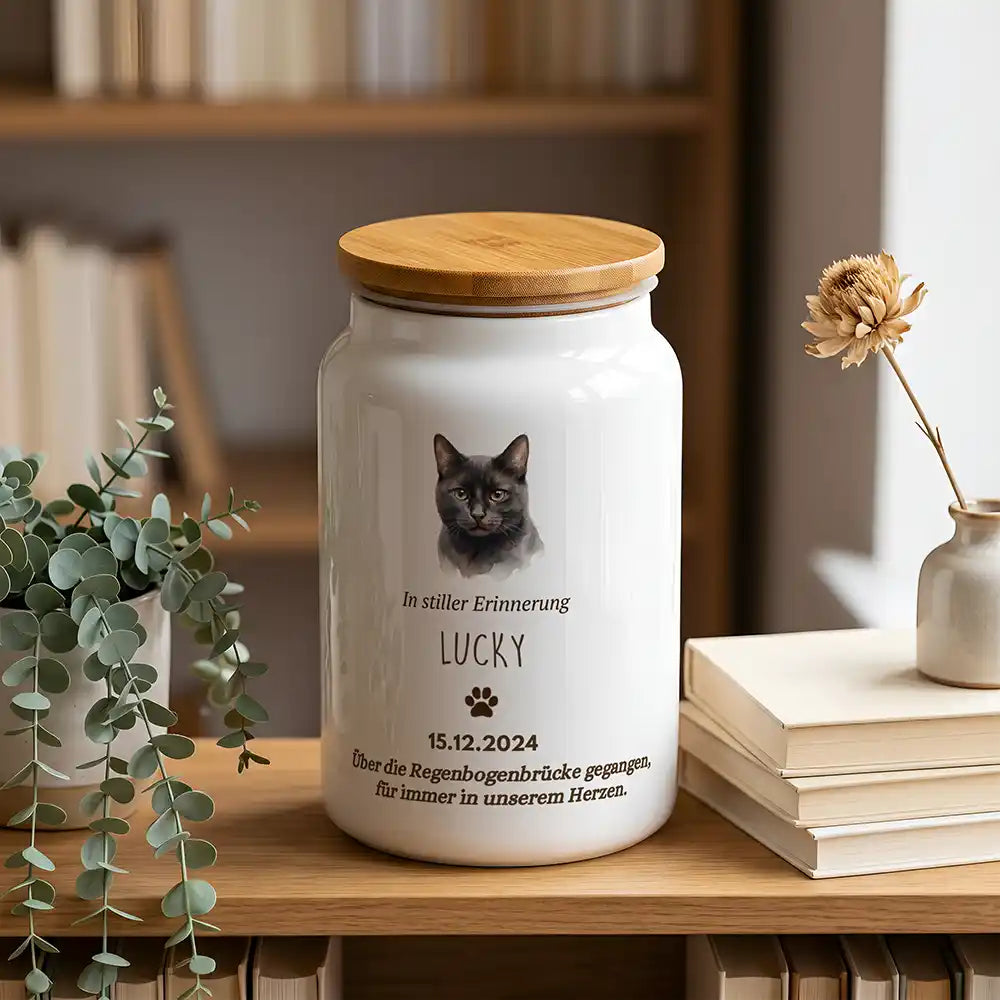 Personalisierte Katzenurne Foto · Stille Erinnerung – im Bücherregal mit Eukalyptus