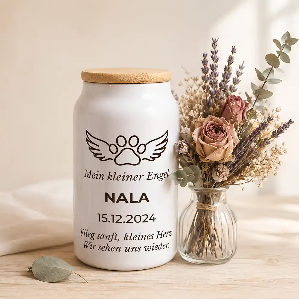 Personalisierte Tierurne Engelsflügel – neben einem Trockenblumenstrauß aus Lavendel und Rosen