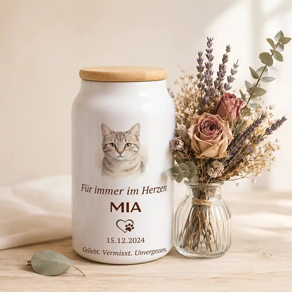 Personalisierte Katzenurne Foto klassisch – neben einem Trockenblumenstrauß aus Lavendel und Rosen