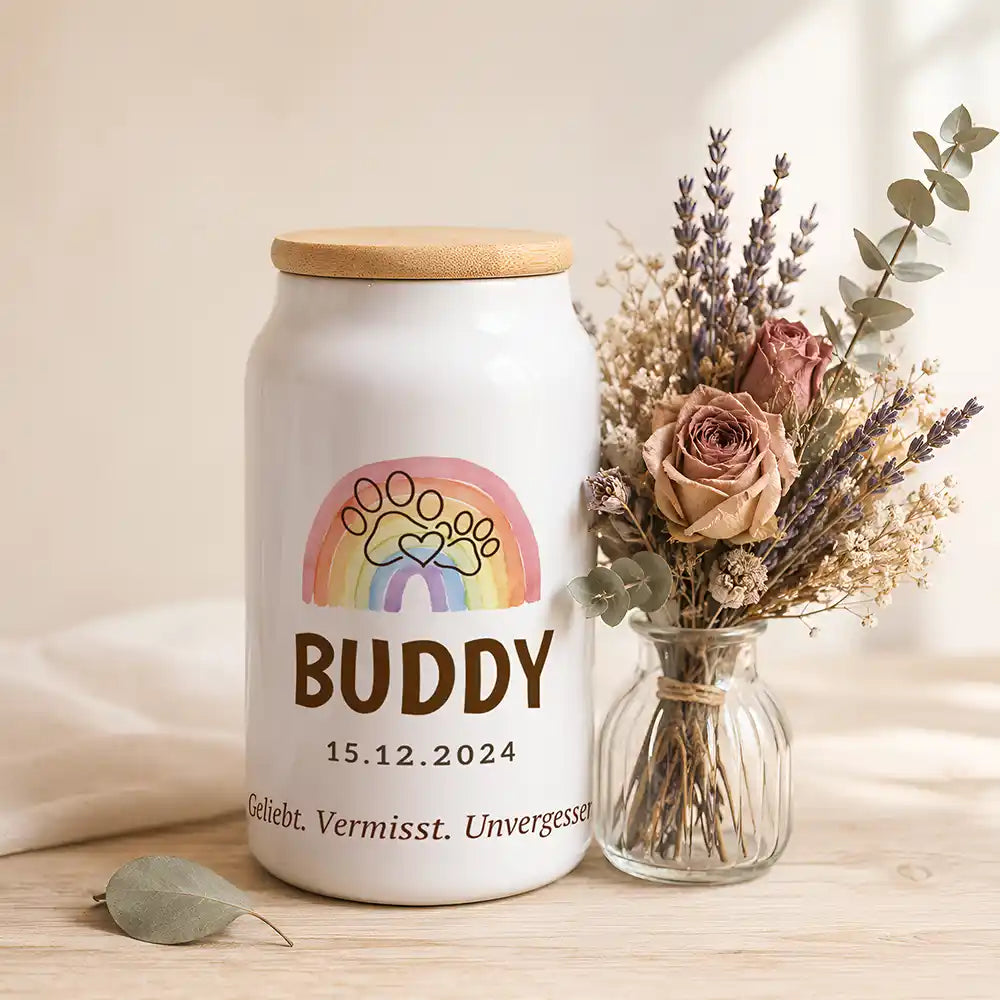 Personalisierte Tierurne Regenbogen-Pfote – neben einem Trockenblumenstrauß aus Lavendel und Rosen