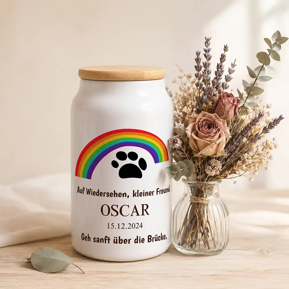 Personalisierte Tierurne Regenbogen Bunt – neben einem Trockenblumenstrauß aus Lavendel und Rosen