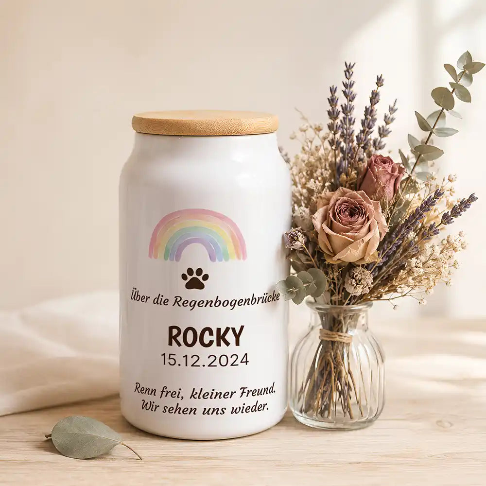 Personalisierte Tierurne Regenbogenbrücke – neben einem Trockenblumenstrauß aus Lavendel und Rosen
