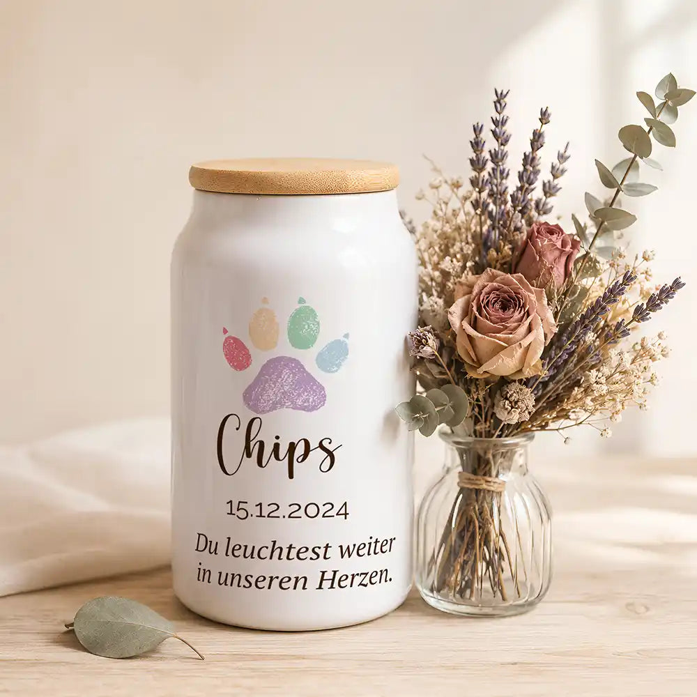 Personalisierte Tierurne Aquarell-Pfote – neben einem Trockenblumenstrauß aus Lavendel und Rosen
