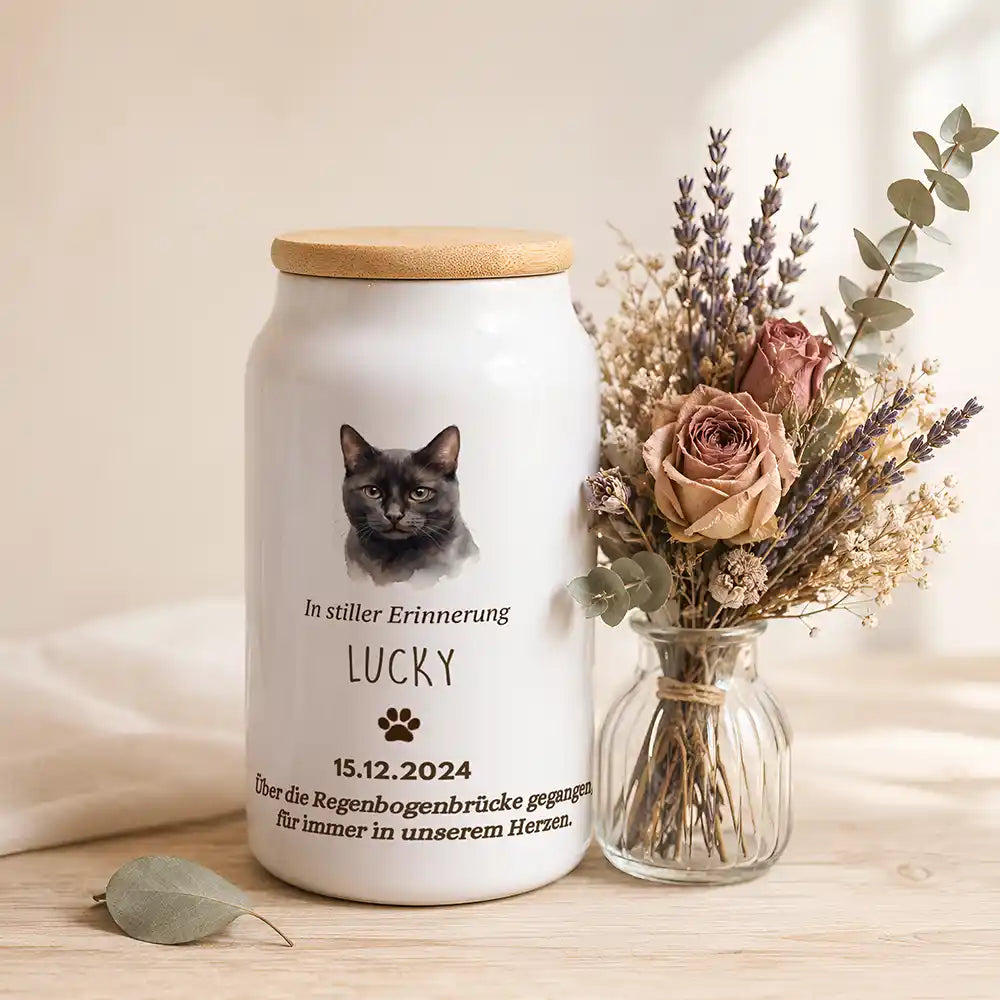 Personalisierte Katzenurne Foto · Stille Erinnerung – neben einem Trockenblumenstrauß aus Lavendel und Rosen