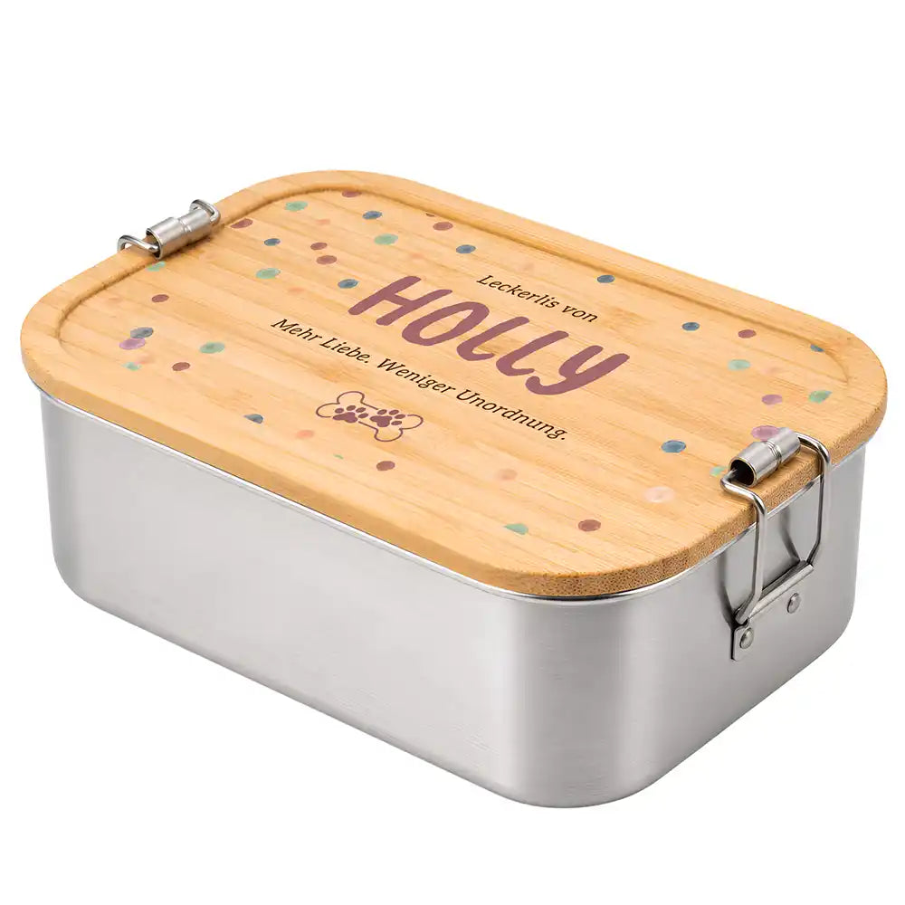 Personalisierte Leckerlidose Hund Pastell-Punkte mit Knochen-Pfote – Personalisiert Hauptbild 3