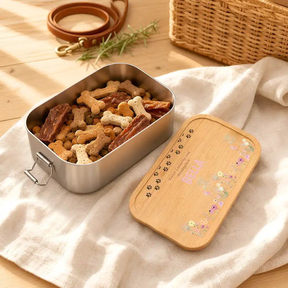Personalisierte Leckerlidose Hund Wildblumen-Bordüre zart – Foto-Personalisiert Lifestyle 1