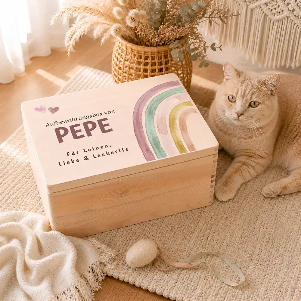 Personalisierte Aufbewahrungskiste Hund & Katze Regenbogen pastell (universal) – Ambiente Spielzeug Handtücher