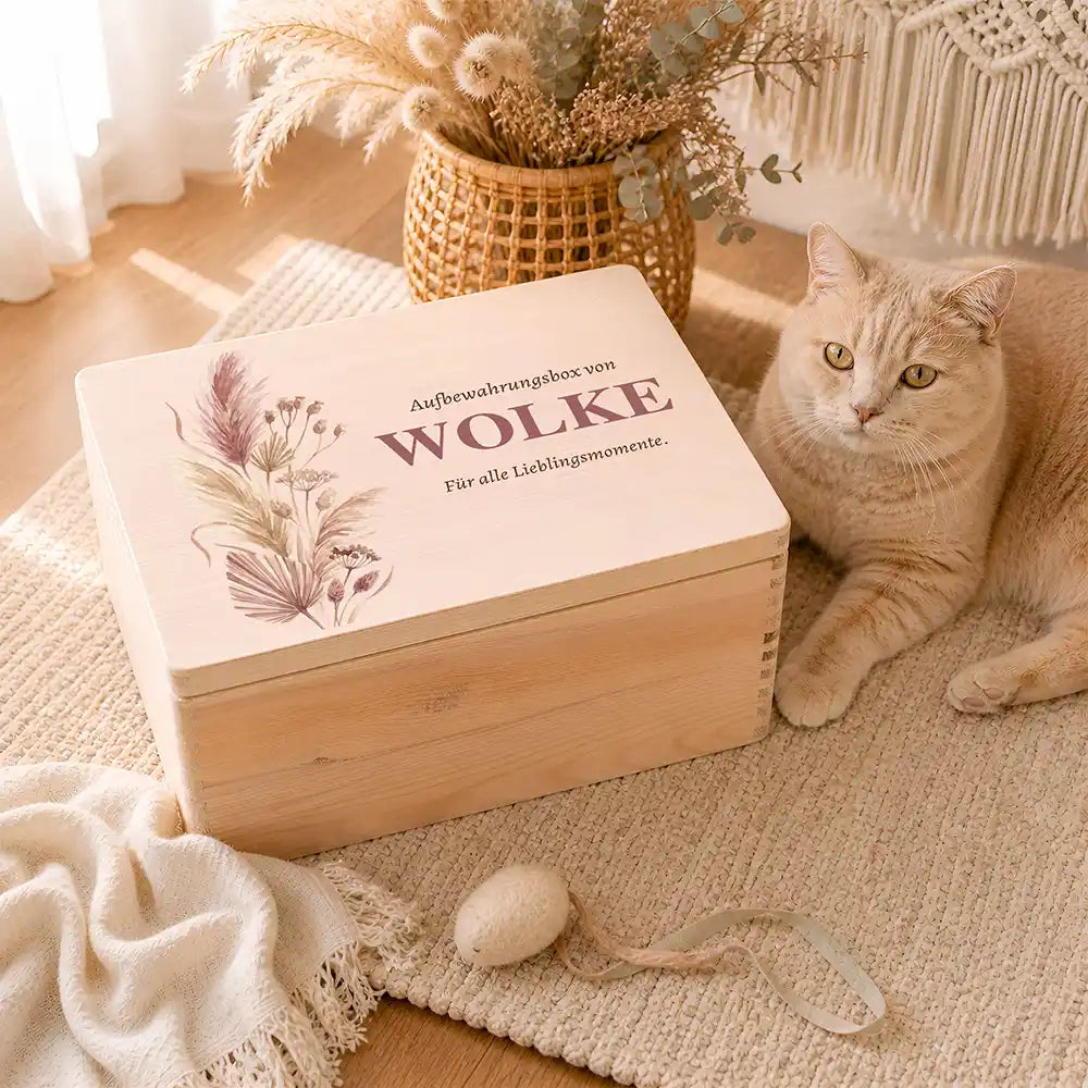 Personalisierte Aufbewahrungskiste Hund & Katze Pampagras Boho – Ambiente Spielzeug Handtücher