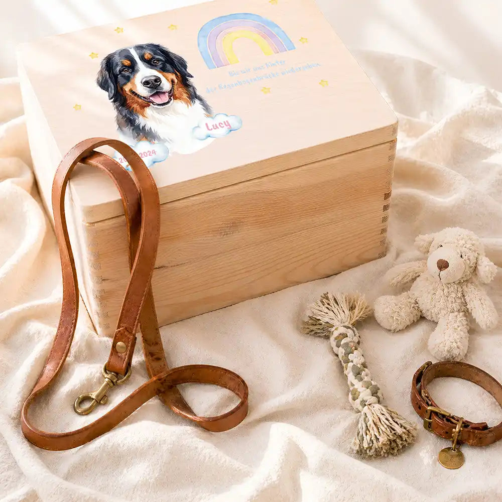 Tierurne Hund Holz – Aquarell-Porträt mit Regenbogenbrücke, Ambiente mit Erinnerungsstücken
