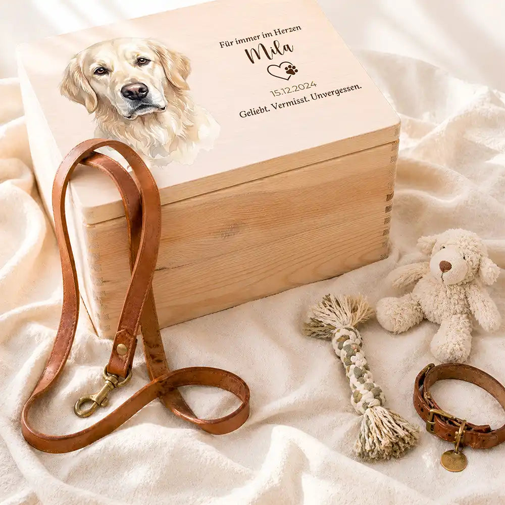 Tierurne Hund Holz – Aquarell-Porträt mit Herzwidmung, Ambiente mit Erinnerungsstücken