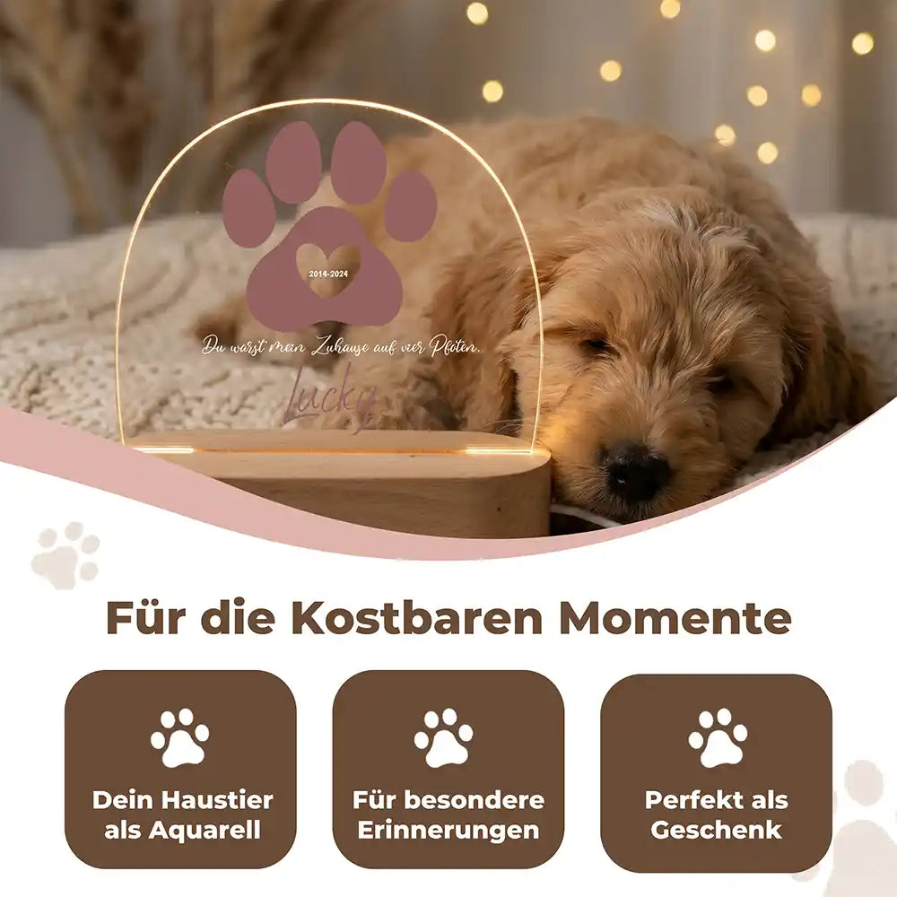 Personalisiertes Nachtlicht Haustier Andenken Große Pfote mit Herz – Detail Acrylglas