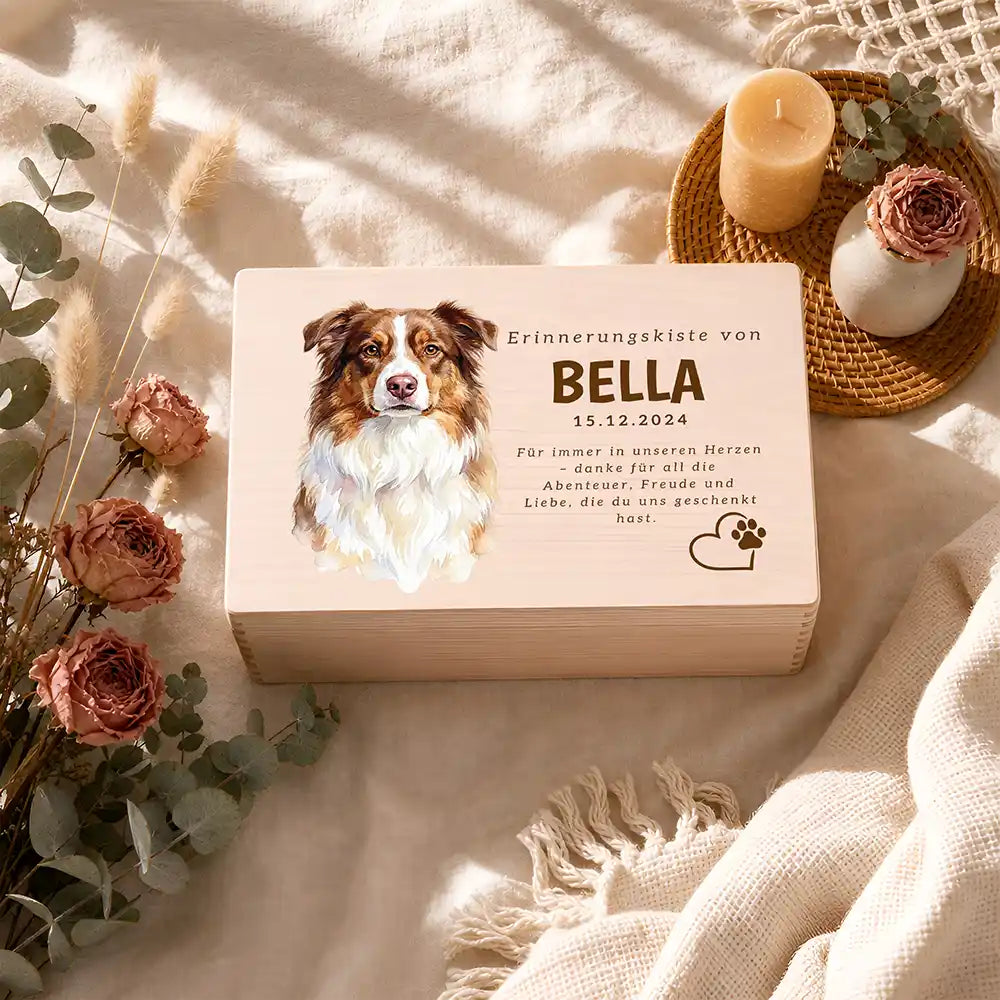 Tierurne Hund Holz – Aquarell-Porträt mit Herz & Pfote, Ambiente Gedenkecke