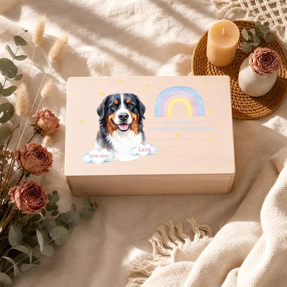 Tierurne Hund Holz – Aquarell-Porträt mit Regenbogenbrücke, Ambiente Gedenkecke