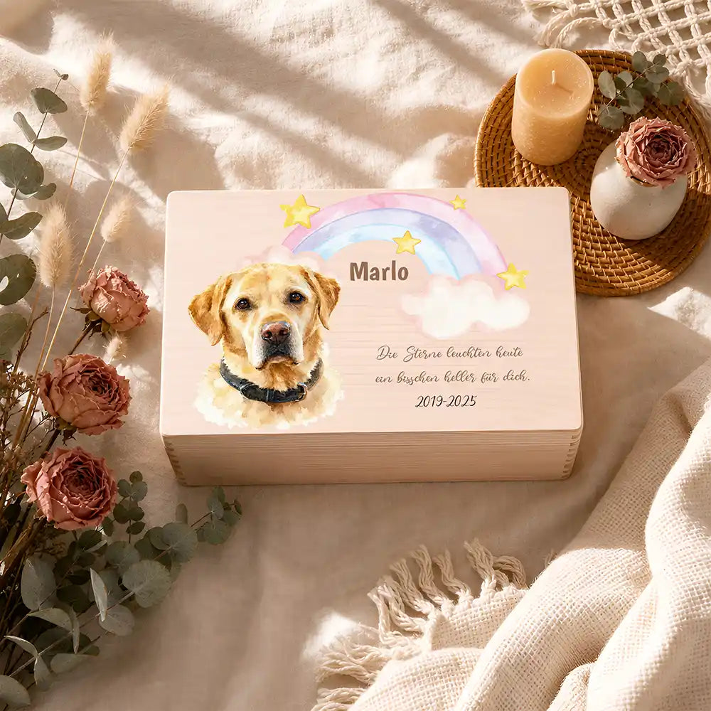 Tierurne Hund Holz – Aquarell-Porträt mit Sternenregenbogen, Ambiente Gedenkecke