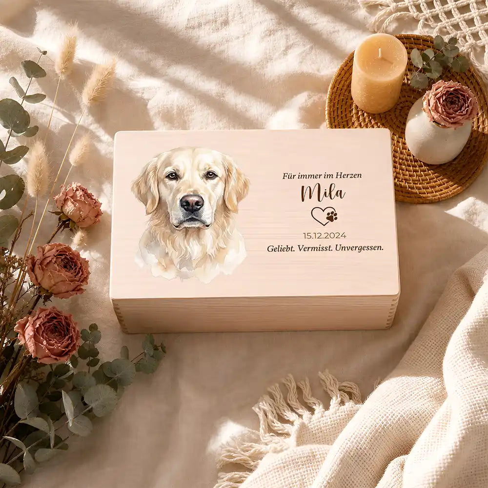 Tierurne Hund Holz – Aquarell-Porträt mit Herzwidmung, Ambiente Gedenkecke
