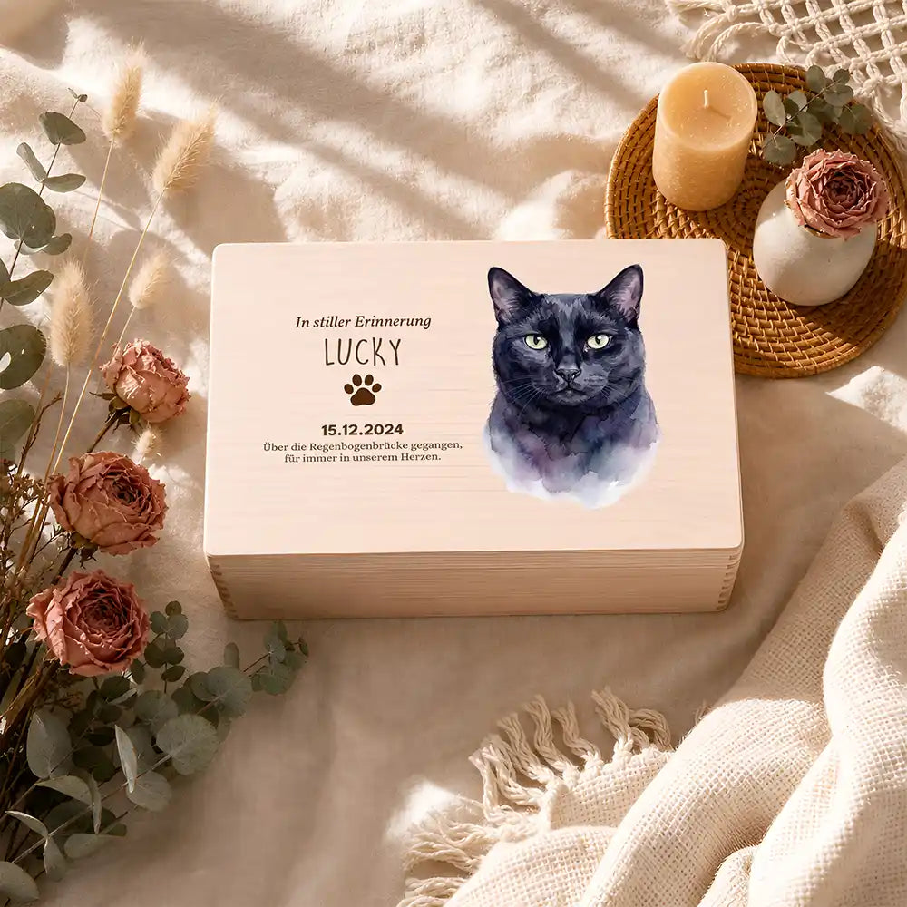 Tierurne Katze Holz – Aquarell-Porträt Katze mit Pfotenwidmung, Ambiente Gedenkecke