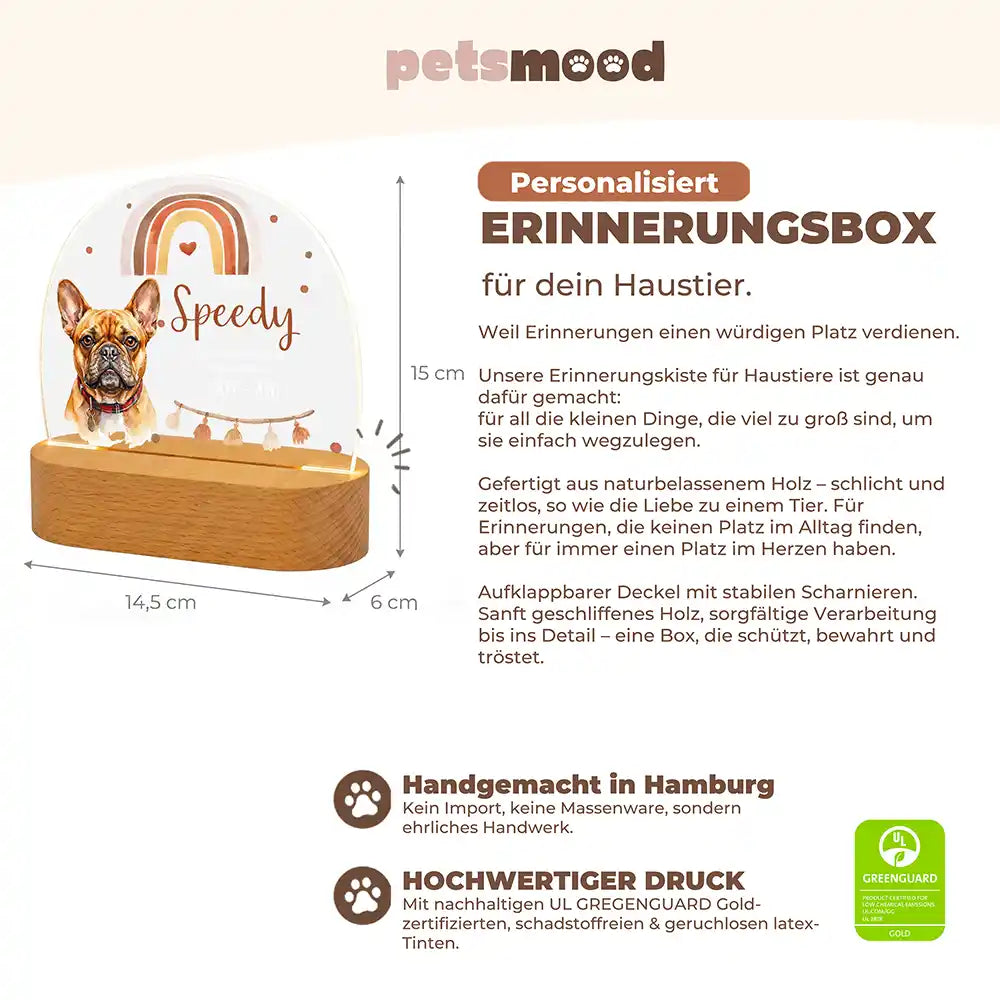 Personalisiertes Nachtlicht Haustier Andenken Boho-Regenbogen Erdtöne – Detail Buchenholz-Sockel