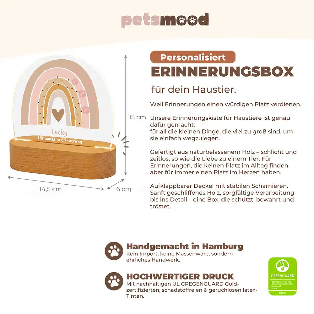 Personalisiertes Nachtlicht Haustier Andenken Boho-Regenbogen Pastell mit Pfötchen – Detail Buchenholz-Sockel