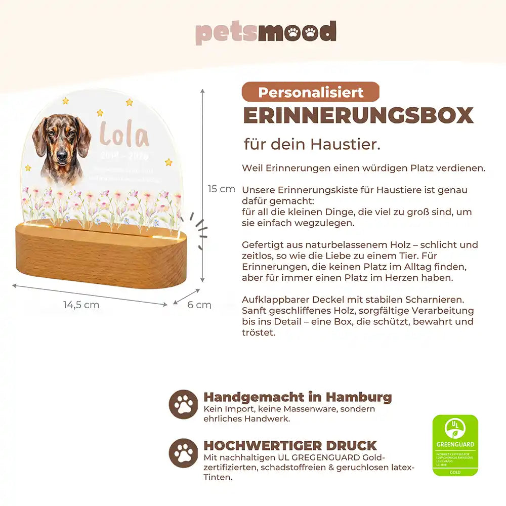 Personalisiertes Nachtlicht Haustier Andenken Wildblumen-Wiese Bunt mit Sternen – Detail Buchenholz-Sockel