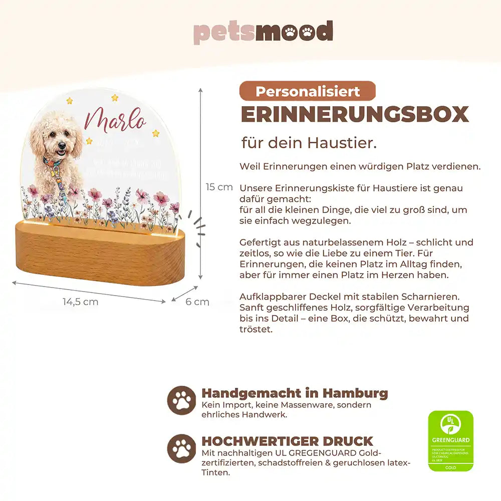 Personalisiertes Nachtlicht Haustier Andenken Wildblumen-Wiese & Sterne – Detail Buchenholz-Sockel