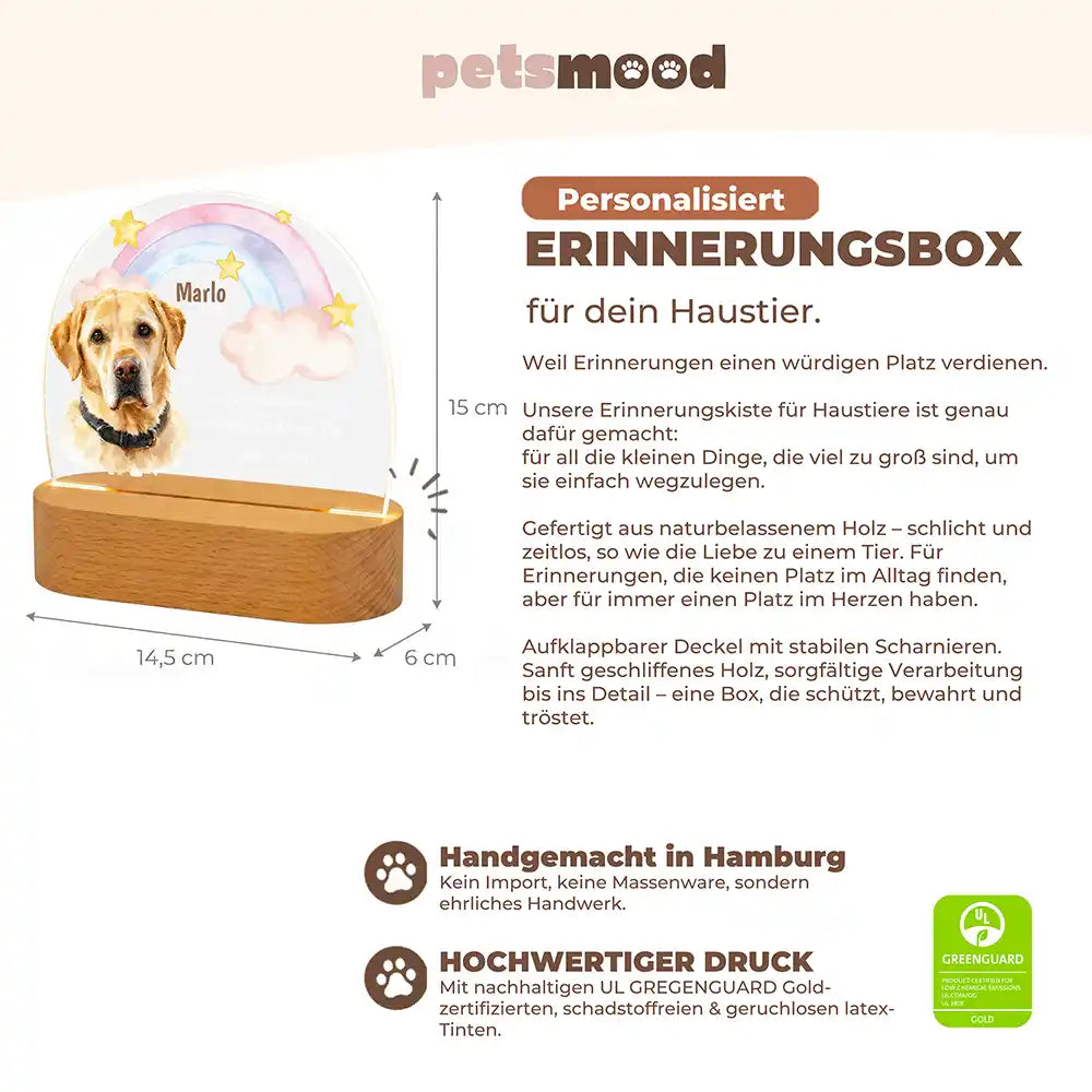 Personalisiertes Nachtlicht Haustier Andenken Pastell-Regenbogen mit Sternen – Detail Buchenholz-Sockel