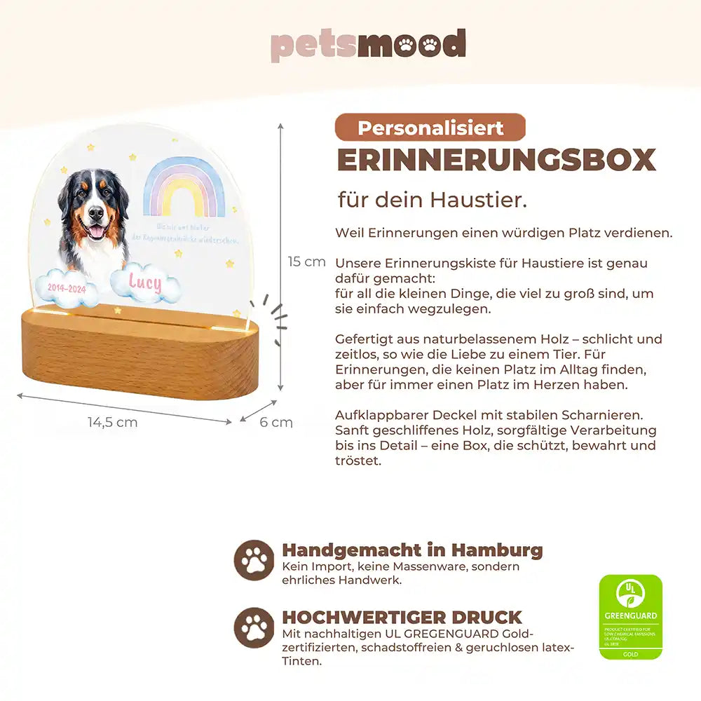 Personalisiertes Nachtlicht Haustier Andenken Pastell-Regenbogen mit Wolken-Namen – Detail Buchenholz-Sockel